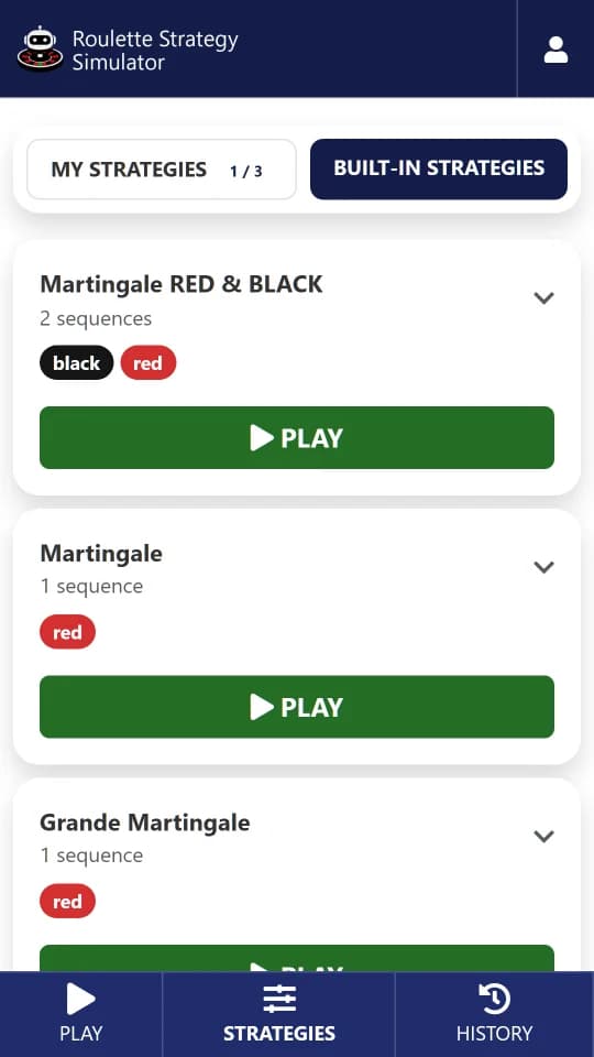 Built-in roulette strategies: Martingale, Grande Martingale, Fibonacci