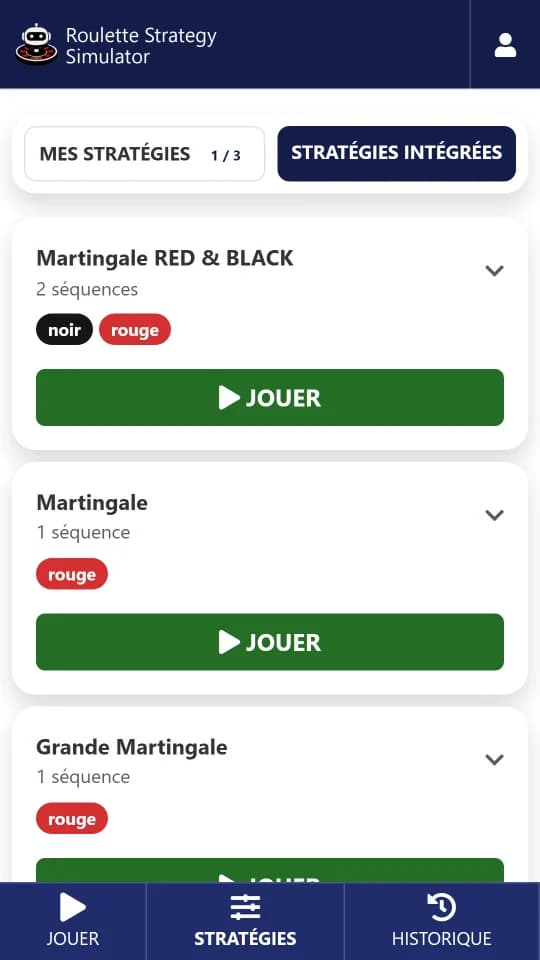 Stratégies de roulette intégrées : Martingale, Grande Martingale, Fibonacci